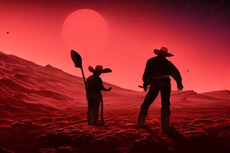 Prompt: wide shot of an old western cowboy digging with a shovel on mars, distant background, red lighting, ominous, gloomy, moonlight, bokeh, depth of field, synthwave, psychedelic, glitch, acrylic, flooko, detailed, cybernetic, sci-fi, glows,