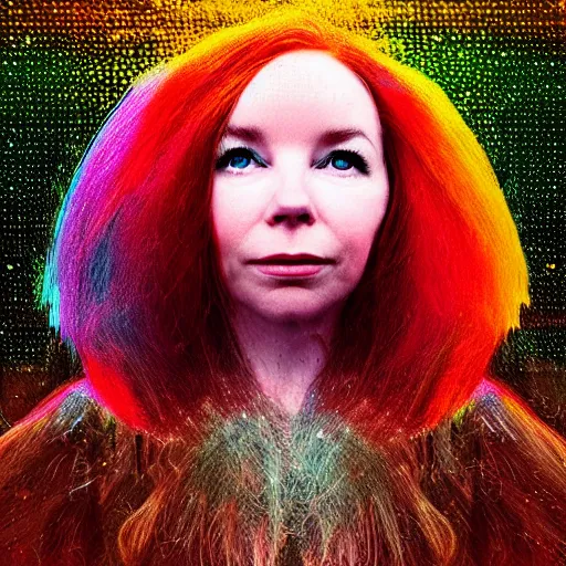 Image similar to “music album cover Bjork style redhead girl in a magic forest glitch noise pixelsorting RGB shift high resolution”