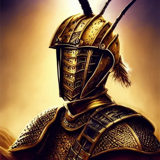 Image similar to Hyper-realistic painting of the King of the Desert, Warrior at war, battle field, action, Gold Armour suit, Sword, handsome attractive face, attractive young man, beautiful face, dramatic lighting, majestic, D&D, fantasy, elegant, intricate, highly detailed, digital painting, concept art, sharp focus, illustration, trending on artstation, art by artgerm and greg rutkowski and alphonse mucha