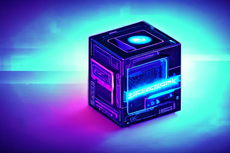 Image similar to a single Cyberpunk sci-fi retrowave intricate black and neon blue cube no background 4K 3D render desktopography HD Wallpaper digital art