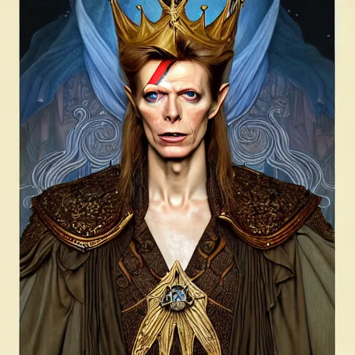 Prompt: full portrait of david bowie as an elven king, fantasy, d & d, intricate, detailed, by by alphonse mucha, adolfo hohenstein, alice russell glenny, stanley artgerm lau, greg rutkowski, detailed, trending on artstation, trending on artstation, smooth