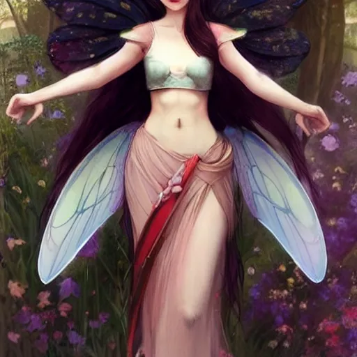 Image similar to very very very beautiful fairy princess with fairy wings, bare midriff, one foot raised off the ground, full body portrait, eye contact, smiling, flirty, perfect face, perfect body, drawn by charlie bowater and john william waterhouse