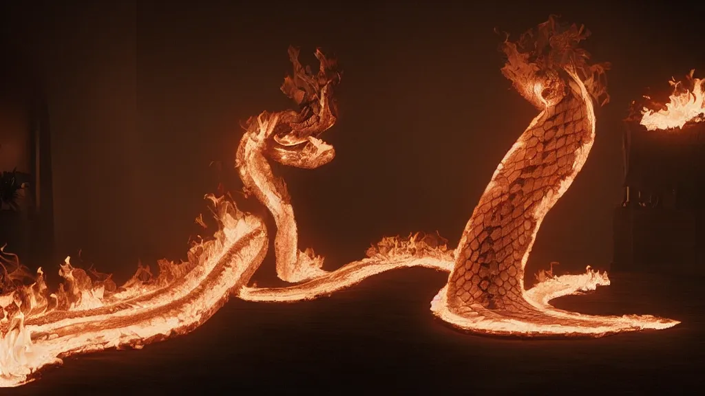 Prompt: a giant Snake made of fire and ice floats through the living room, film still from the movie directed by Denis Villeneuve with art direction by Salvador Dalí, wide lens