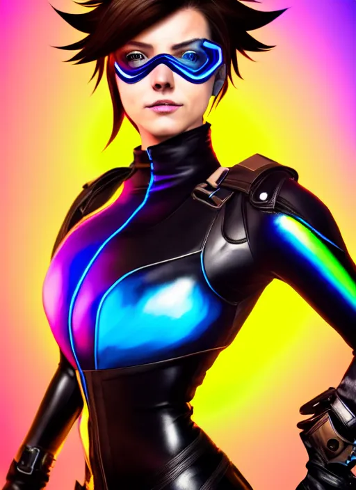 Prompt: hyperrealistic style portrait digital artwork of tracer overwatch, confident pose, wearing black iridescent rainbow latex, 4 k, expressive happy smug expression, makeup, in style of mark arian, wearing detailed black leather collar, wearing sleek armor, black leather harness, expressive detailed face and eyes,