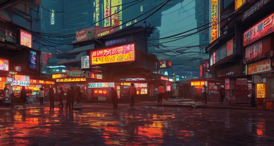 Image similar to photorealistic!! ground level front view, sunset outside a tokyo marketplace after rain, bright neon signs, very dramatic lighting, mecha unreal engine 5, marmoset toolbag, ( cyberpunk )