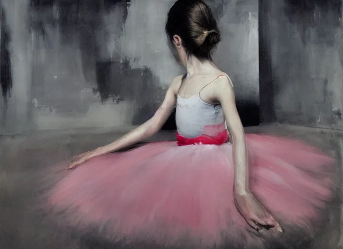 Prompt: young ballerina training in a big dark room, painted in style of marlene dumas, andreas gursky, oil painting, dripping paint, intricate details, lonely, psychologic, melancholic, symmetrical face, hyper detailed