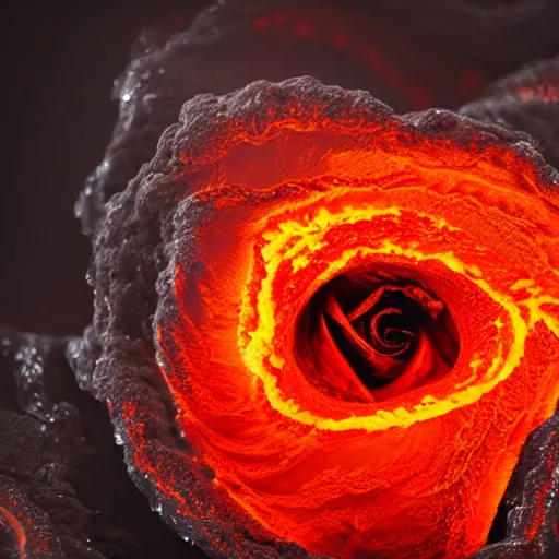 Image similar to award - winning macro of a beautiful black magma rose made of glowing molten lava, inner glow, magma texture