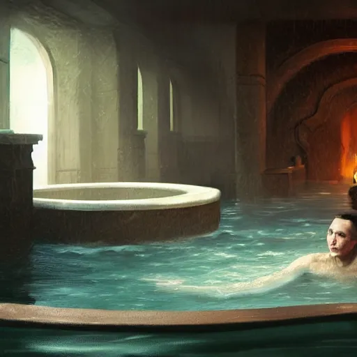 Prompt: UHD photorealistic Lovecraftian Dagon in aa hot tub with Elon Musk, in the style of tonalism by Greg Rutkowski, trending on Artstation, hyperrealistic, correct details, symmetrical faces