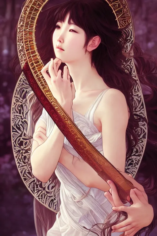 Image similar to portrait anime girl playing harp by tian zi and wlop and alphonse mucha, full body portrait, intricate, face, elegant, beautiful, highly detailed, dramatic lighting, sharp focus, artstation, frostbite engine
