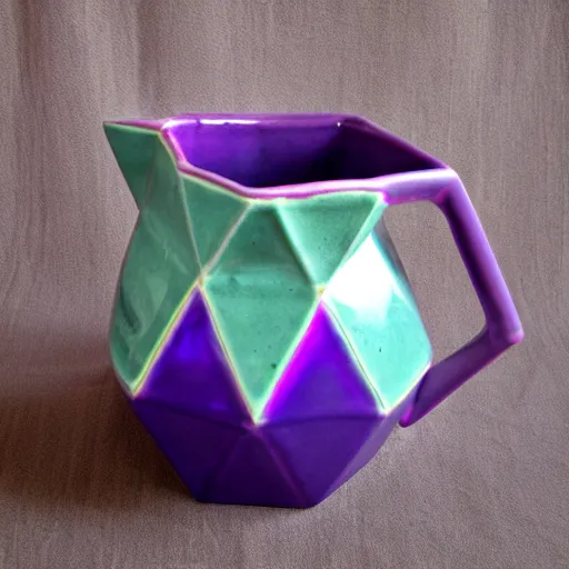 Prompt: geodesic triangle ceramic pitcher with pink and purple iridescent glaze