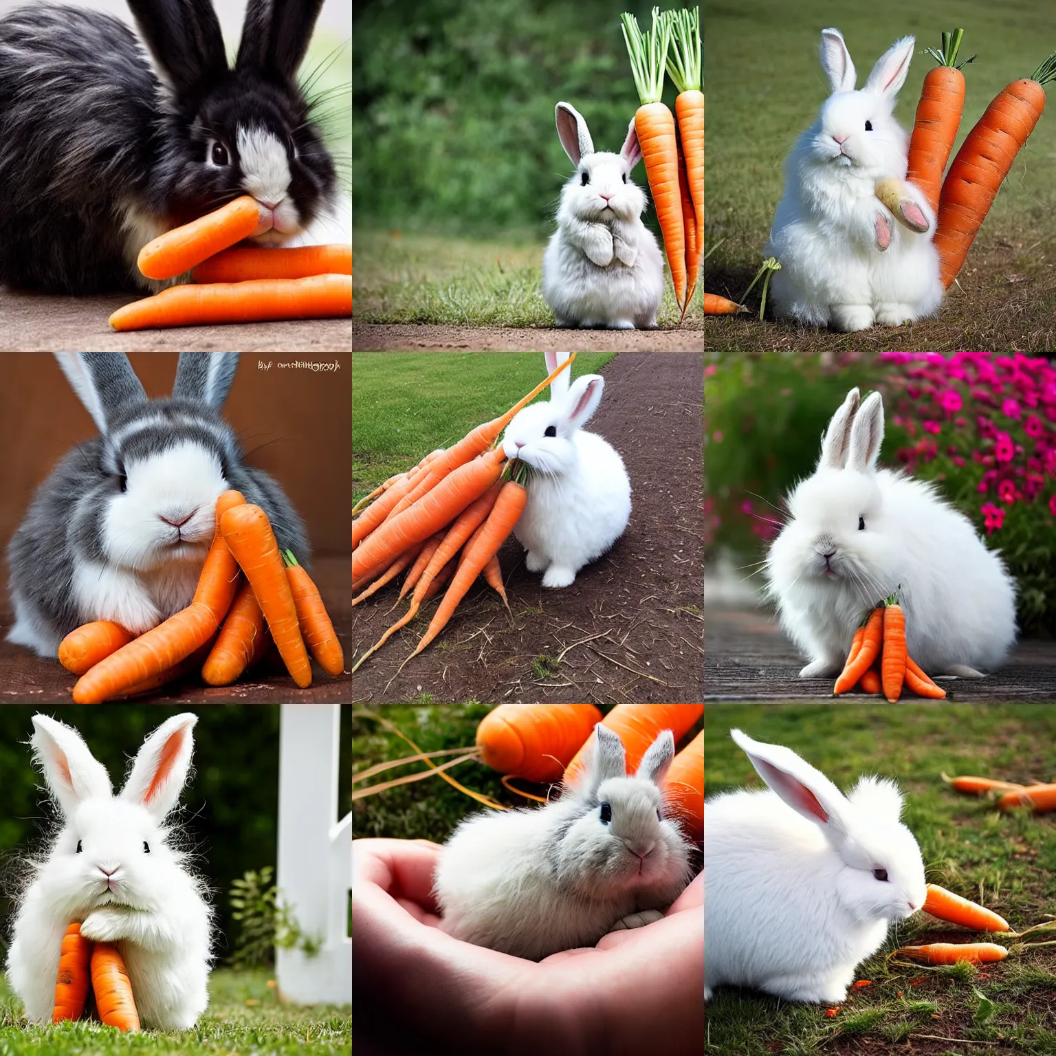 Prompt: a fluffy bunny stealing carrots, cute, hairy, photograph, very fluffy
