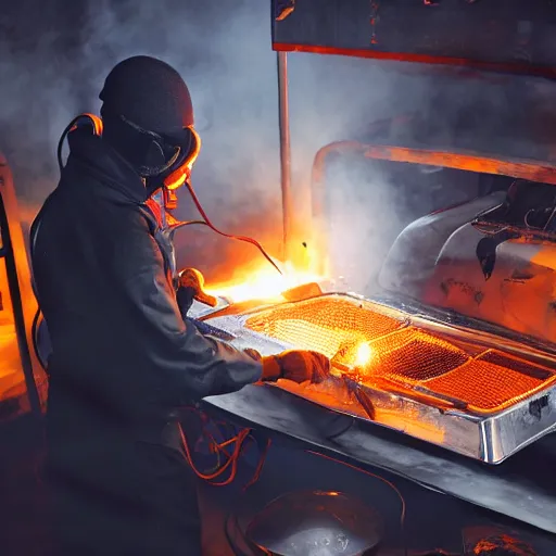 Image similar to cyborg toaster oven repairman, dark messy smoke - filled cluttered workshop, dark, dramatic lighting, orange tint, sparks, plasma rays, cinematic, highly detailed, sci - fi, futuristic, movie still, rule of thirds composition