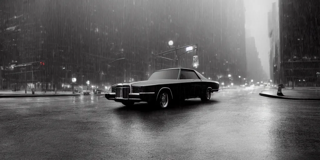 Prompt: A mysterious figure sitting in a black 1970's Chrysler Le Baron with the headlights on, parked on the side of the road in the city of New York while it is raining, by George Tooker, dark and dim, moody, sinister, lighting, 8k render, hyperrealistic