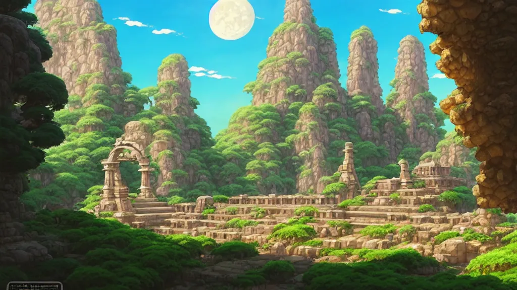 Image similar to ancient temple ruins, studio ghibli, pixar and disney animation, sharp, rendered in unreal engine 5, highly detailed, digital painting, artstation, concept art, smooth, sharp focus, illustration, wide angle, artbook, wallpaper, splash art, promo art, dramatic lighting, art by artgerm and greg rutkowski and bo chen and jin xiaodi