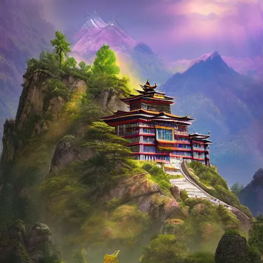 Image similar to tibetan palace carved into a mountain side, big green trees, colorful clouds, dramatic lighting, artstation, matte painting, raphael lacoste, simon stalenhag, frank lloyd wright