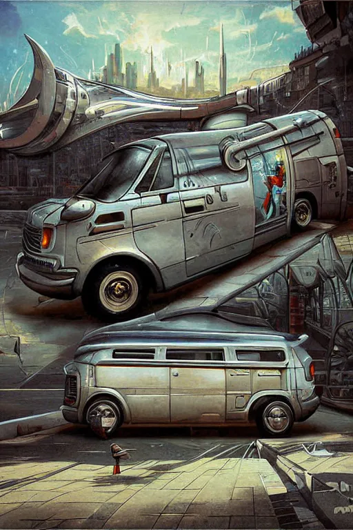 Prompt: futuristic old van mural by victor calleja bayard wu