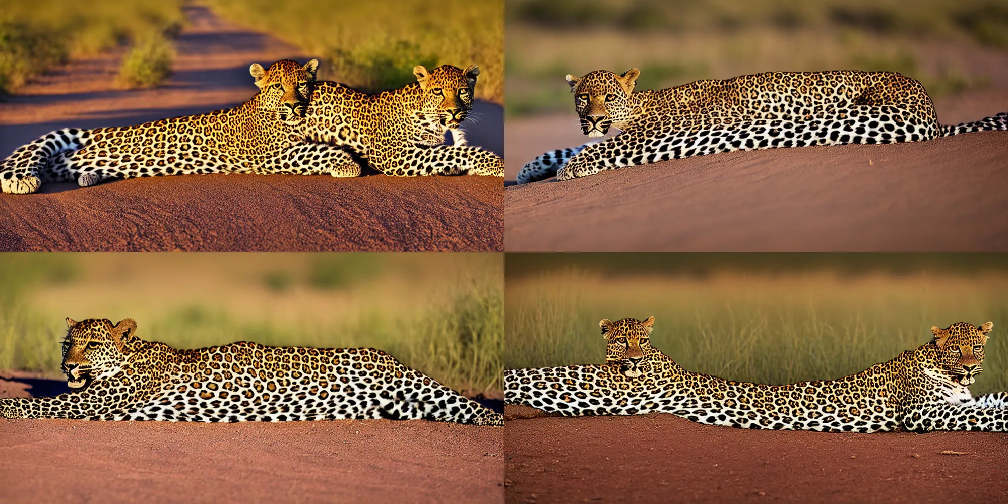 leopard lying in the dirt road, Savannah grass, Stable Diffusion