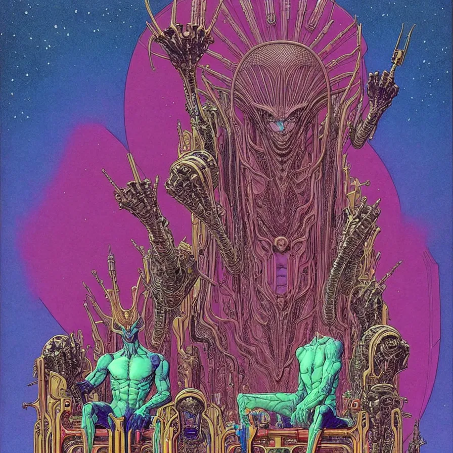 Image similar to ( ( ( ( an alien king sitting on a throne, decorative frame design ) ) ) ) by mœbius!!!!!!!!!!!!!!!!!!!!!!!!!!!, overdetailed art, colorful, artistic record jacket