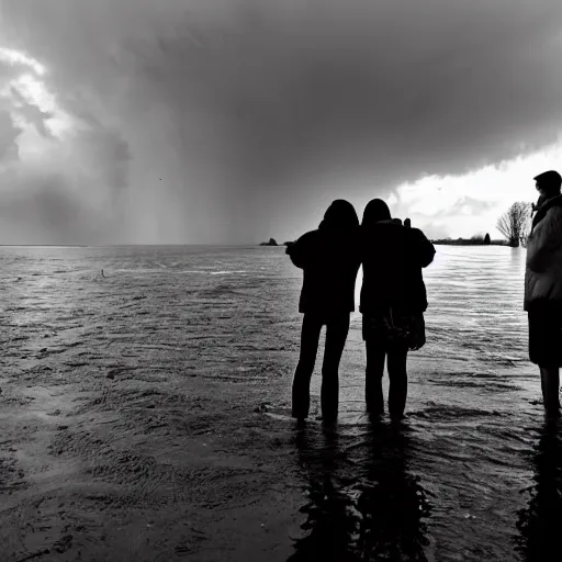 Prompt: the silhouette of 4 people standing in front of a small german town that's being flooded, stormy weather, moody lighting, medium full shot