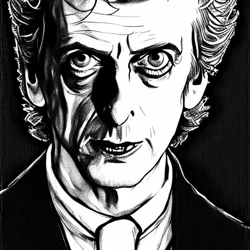 Image similar to Peter Capaldi with a bloodthirsty expression in a scene from Berserk, artstation, concept art, sharp focus, illustration in pen an ink, extremely detailed, extremely complex, black and white, art by  Makoto Yukimura