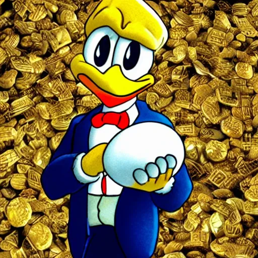 Image similar to Young Scrooge McDuck at White Agony Creek holding up goose egg nugget, hyper realistic