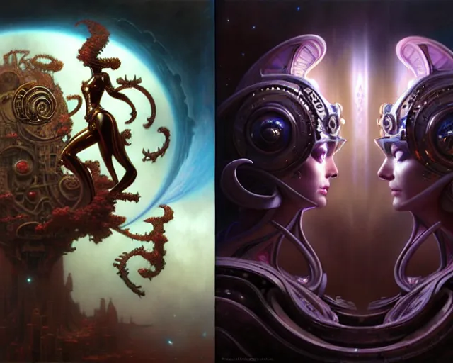 Prompt: stereoscopic pair, beautiful gemini good and evil fantasy character portrait, ultra realistic, wide angle, intricate details, the fifth element artifacts, highly detailed by peter mohrbacher, hajime sorayama, wayne barlowe, boris vallejo, aaron horkey, gaston bussiere, craig mullins