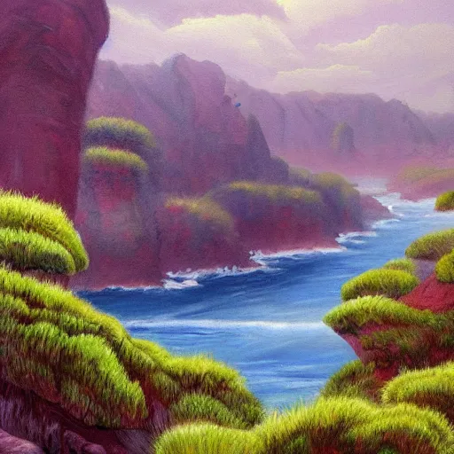 Prompt: painting of a lush natural scene on an alien planet by robert hettich. beautiful landscape. weird vegetation. cliffs and water.