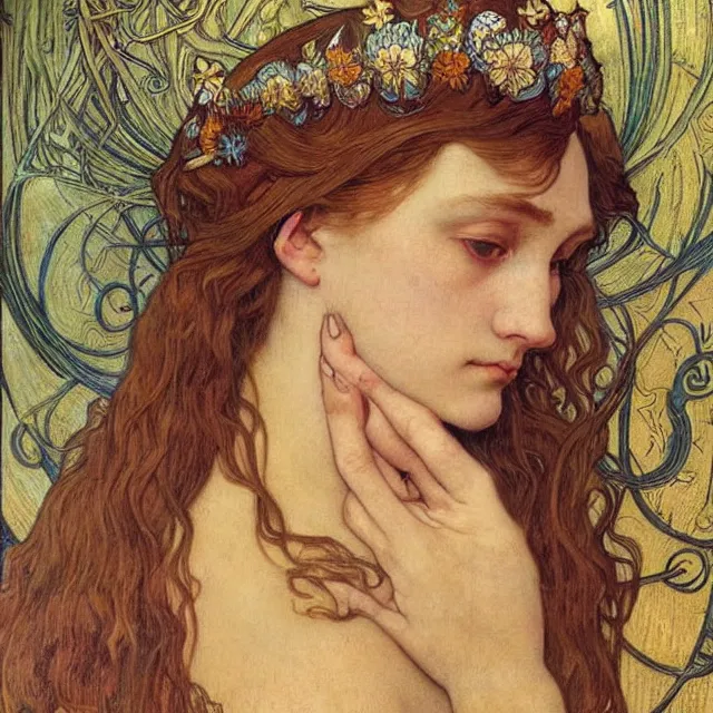 Image similar to detailed realistic beautiful young medieval queen face portrait by jean delville, alphonse mucha, vincent van gogh, and marco mazzoni, art nouveau, symbolist, visionary, gothic, pre - raphaelite
