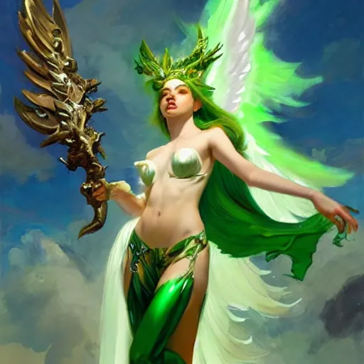 Image similar to greg manchess painting of goddess of hunt wearing shiny mythical green clothes, green and white long hair, long wings, large angelic sword, soft lighting, trending on artstation, by huang guangjian and gil elvgren and sachin teng