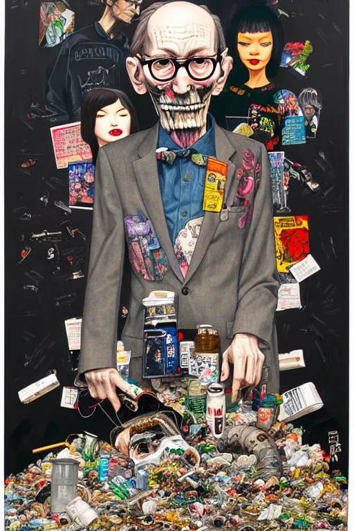 Prompt: full view, from a distance, of anthropomorphic trashcan william s burroughs, full of trash, style of yoshii chie and hikari shimoda and martine johanna, highly detailed