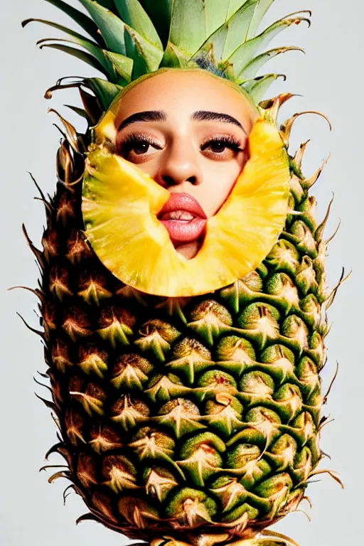 Image similar to doja cat as a pineapple, human face in the shape of a pineapple, professional food photography