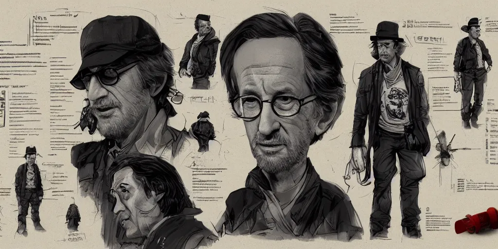 Image similar to steven spielberg, character sheet, concept design, contrast, kim jung gi, greg rutkowski, zabrocki, karlkka, jayison devadas, trending on artstation, 8 k, ultra wide angle, pincushion lens effect