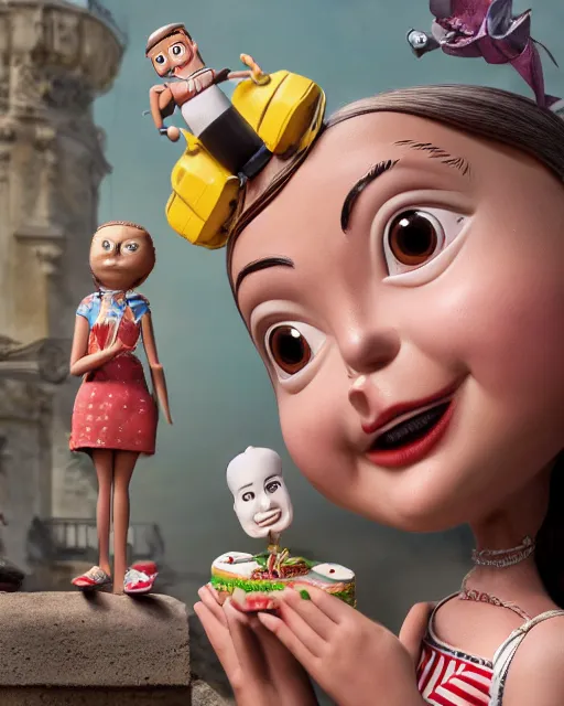Image similar to closeup face profile portrait of a tin toy greta thunberg as max fleischer character eating cakes, bikini, depth of field, zeiss lens, fashion photoshoot by nicoletta ceccoli, mark ryden, lostfish, breathtaking, detailed and intricate environment, 8 k resolution, extremely detailed, beautiful, establishing shot, artistic, hyperrealistic, octane render