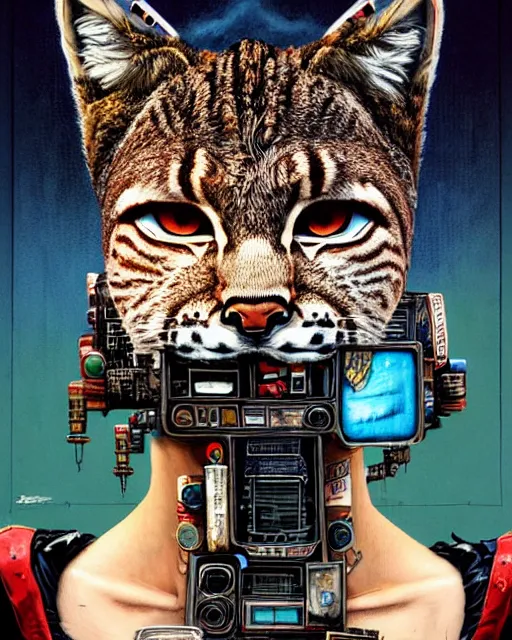 Image similar to a portrait of an anthropomorphic cyberpunk bobcat by sandra chevrier, by jon foster, detailed render, tape deck, epic composition, cybernetics, 4 k realistic, cryengine, realistic shaded lighting, sharp focus, masterpiece, by enki bilal