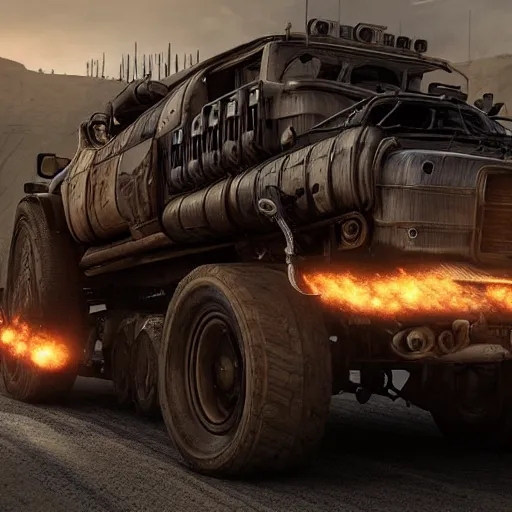 Image similar to a mad max truck with gatling guns on the side, au naturel, hyper detailed, digital art, trending in artstation, cinematic lighting, studio quality, smooth render, unreal engine 5 rendered, octane rendered, art style by klimt and nixeu and ian sprigger and wlop and krenz cushart