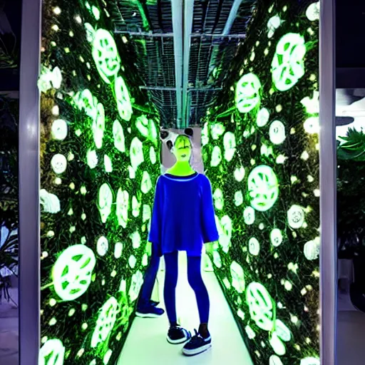 Image similar to very symmetrical fruits magazine steetwear photo of cute cool fashion worn by teens teens in the far future with glowing led lights and surrounded by plants, futuristic!!! haute couture fashion!!!!, nanotechnology and cybernetics!!! and solar power and prosthetic