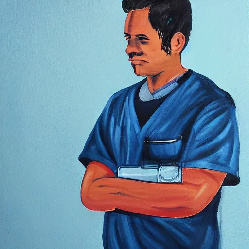 Prompt: lonely male nurse in dark blue scrubs, painting, dark colors, contrast, dark background