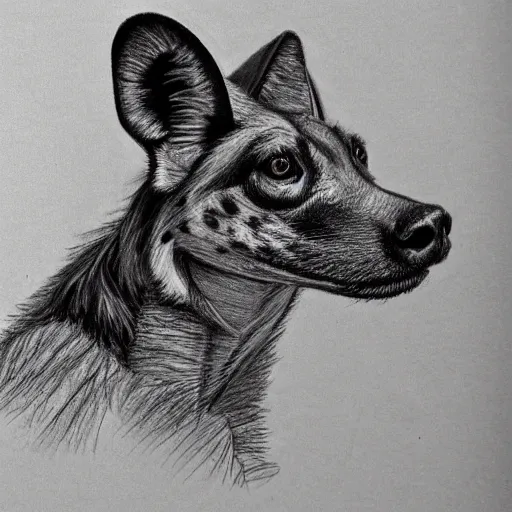 Image similar to A drawing of an African wild dog wearing a jacket.