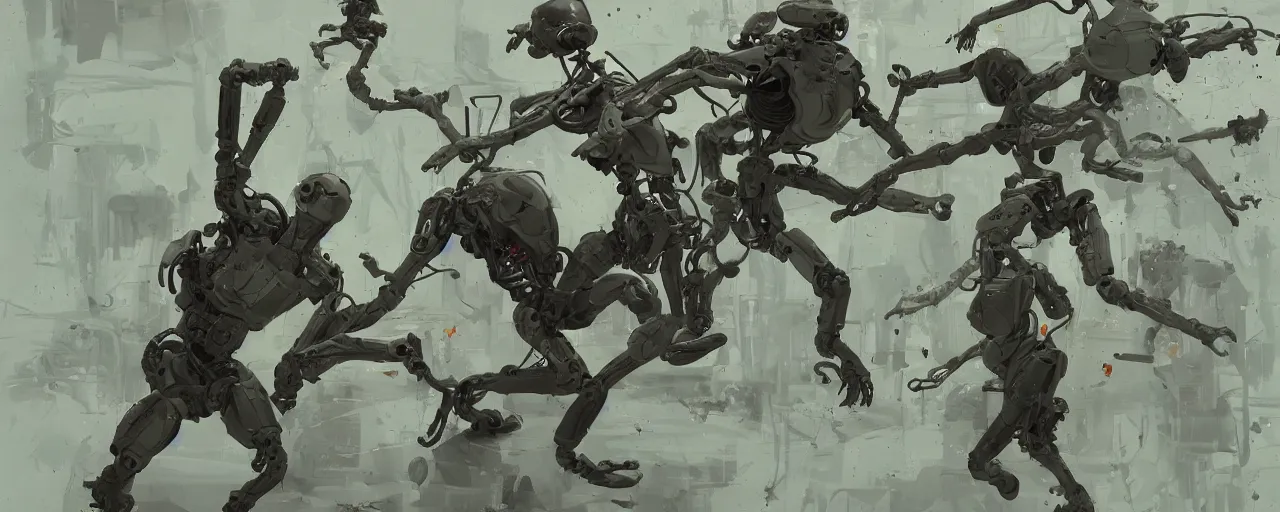 Prompt: duotone olive green grey illustration 3 / 4 portrait of gollum kun fu fighting with boston dynamics robots. dynamic chaotic composition accidental renaissance golden ratio. by sachin teng and sergey kolesov and ruan jia and heng z. graffiti art, scifi, fantasy, hyper detailed. octane render. concept art. trending on artstation