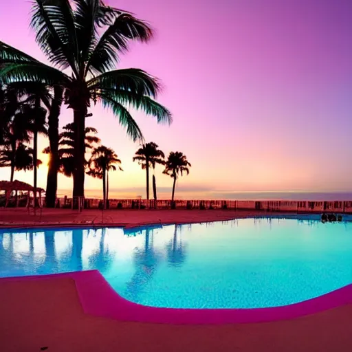 Image similar to motel, swimmingpool, sunset, palms, beach, sunset, vaporwave, pink, blue, green, purple, aesthetic.