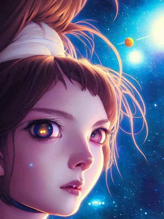 Image similar to close up picture of a space girl looking at the camera, bored, coveted, beautiful and aesthetic, intricate, unreal engine, messy hair, highly detailed, detailed face, smooth, sharp focus, chiaroscuro, manga illustration, artgerm, greg rutkowski, ilya kuvshinov, rossdraws, alphonse mucha, young adult light novel cover art