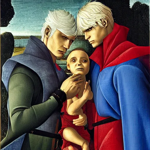 Prompt: A family portrait of Dante and Vergil from the hit video game series Devil May Cry by Sandro Botticelli, oil painting, artstation