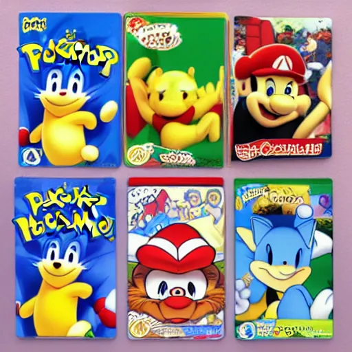 Image similar to photograph of winnie the pooh and super mario and sonic the hedgehog anime style, on pokemon card packs at target