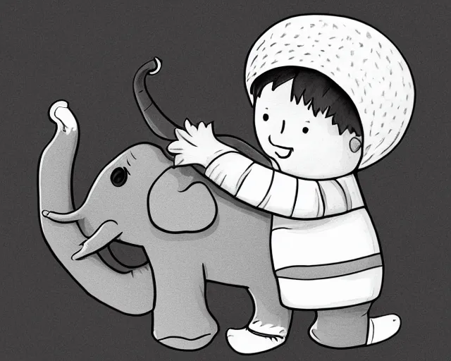 Image similar to a beautiful detailed cartoon portrait of a little boy hugging his elephant pillow, sharp high quality