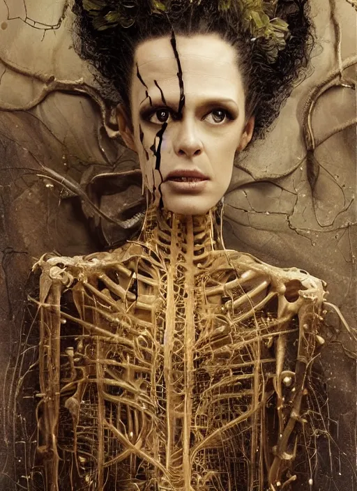Prompt: bride of frankenstein number 1 0 1 3 as she comes to life after operation, normal healthy face, transparent skin, skeleton still life, nervous system, greg rutkowski, peter gric, immerse, 1 9 th, special effects makeup, maximalist, glittering, gold, ivory, hyperreal, golden ratio, alphonse mucha