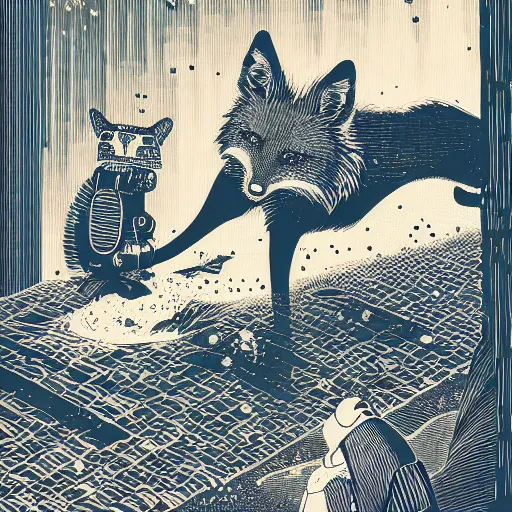 Image similar to fox and a robot by woodblock print, nicolas delort, moebius, victo ngai, josan gonzalez, kilian eng