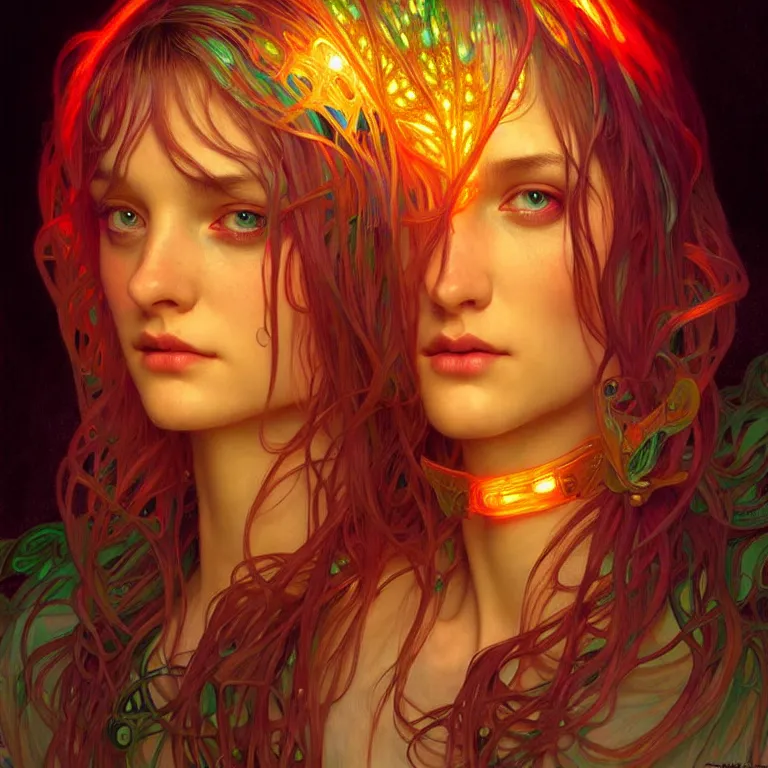 Image similar to bright asthetic portrait LSD glowing backlit, fantasy, intricate, elegant, dramatic lighting, highly detailed, lifelike, photorealistic, digital painting, artstation, illustration, concept art, smooth, sharp focus, art by John Collier and Albert Aublet and Krenz Cushart and Artem Demura and Alphonse Mucha