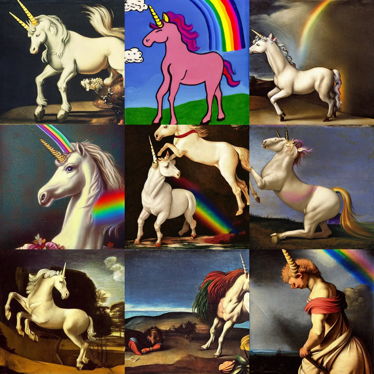 Prompt: A unicorn waling on a rainbow, in the style of Caravaggio