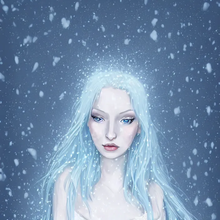 Image similar to full body portrait of a woman with pale blue hair wearing a long white dress made out of snowflake in the middle of a heavy snowstorm. she looks almost dead because of how pale she is. digital art by maromi sagi