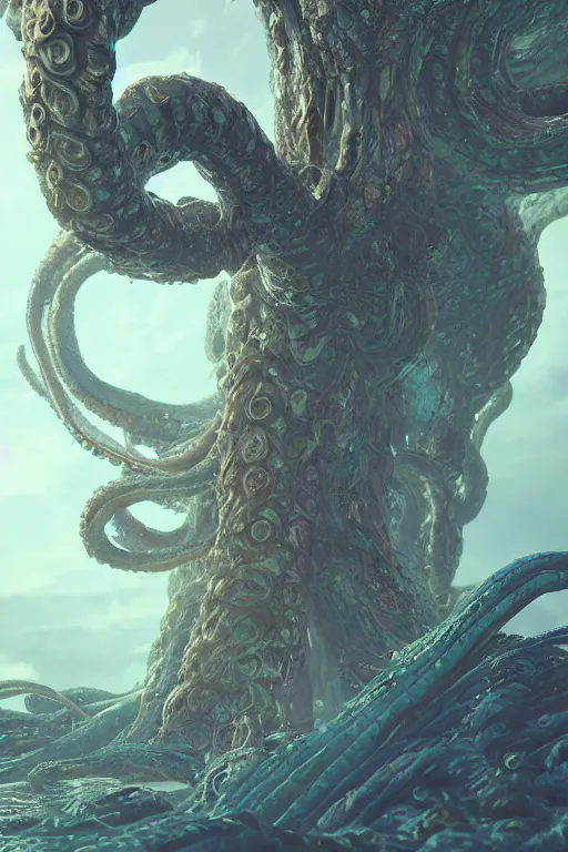 Prompt: giant ancient alien tentacles artwork by yoshitaka amano, pastel colors, detailed background, extremely detailed, octane rendering, sharp focus, volumetric light, particles, unreal engine 5, rtx